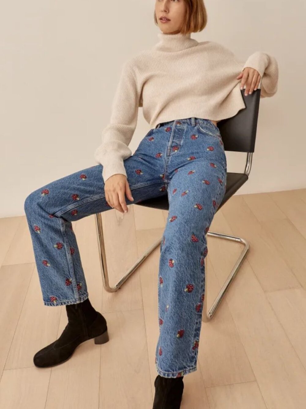 Reformation Mushroom Embroidered High Rise Straight Jeans